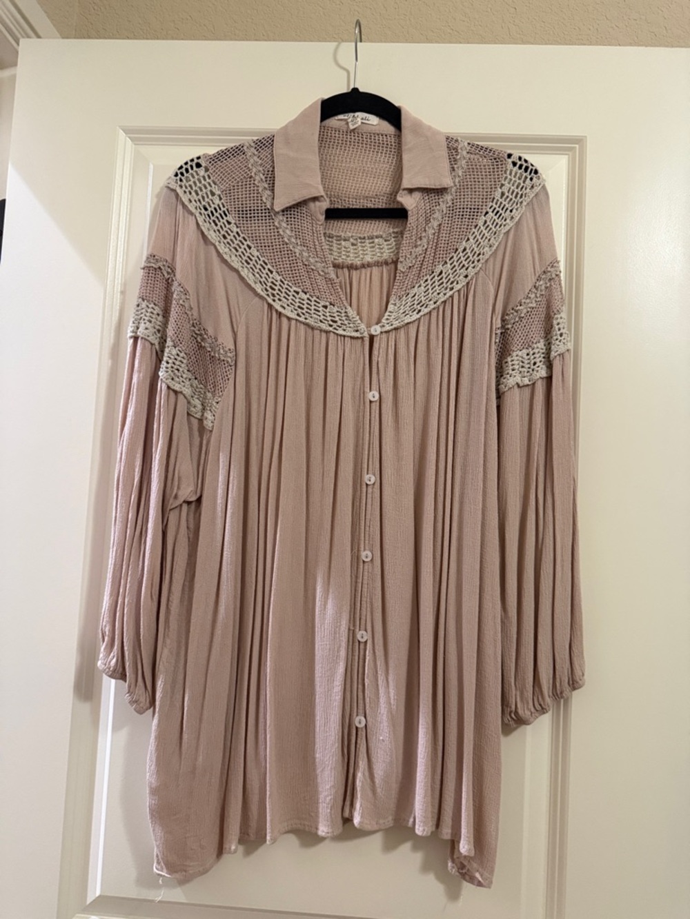 Oli & Hali Blush Button-Front Peasant Blouse with Crochet Yoke